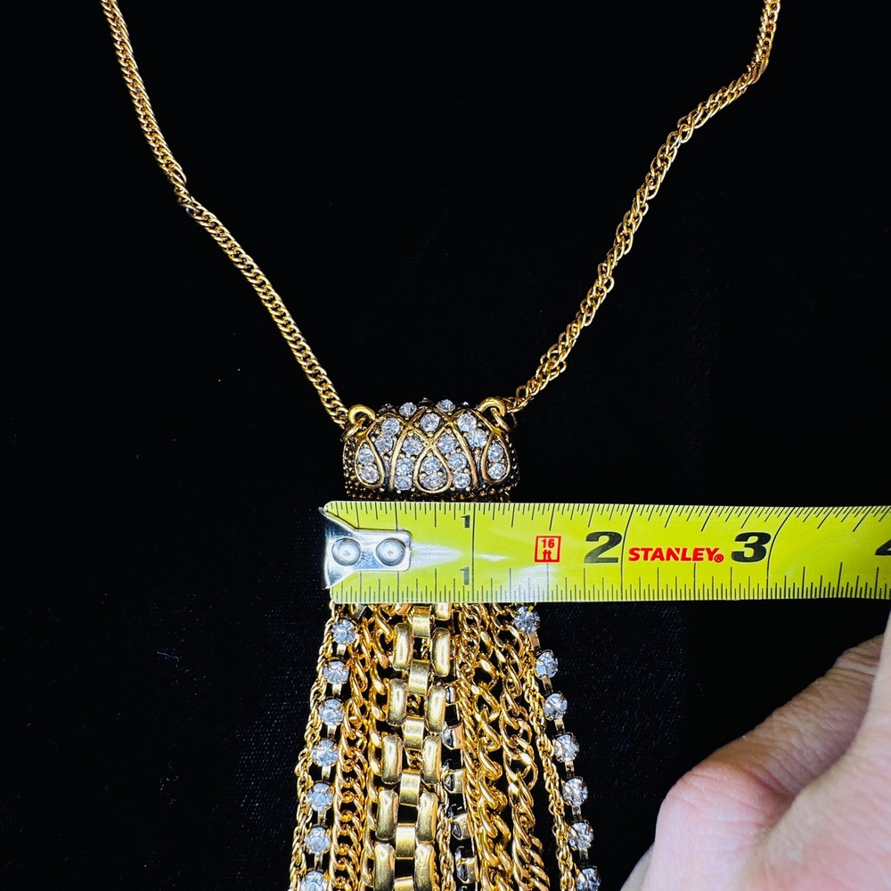 Gold Tone Rhinestone Waterfall Tassel Statement Necklace Set Earrings Fashion - Picture 7 of 9